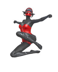 blue elf is doing a free style jump in white background