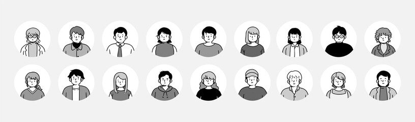 Outline avatars profile set, office workers, hand-drawn icon style, character design, vector illustration.