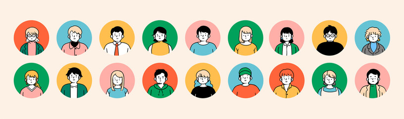 Outline avatars profile set, office workers, hand-drawn icon style, character design, vector illustration.