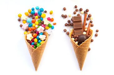 Ice cream waffle cones with candy isolated on white background.
