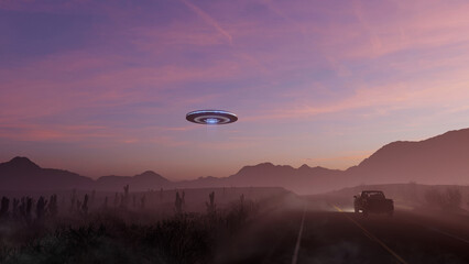 3d render. UFO over the road in the desert at sunset.
