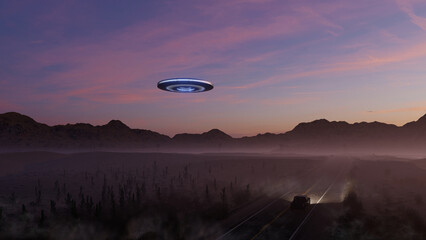 3d render. UFO over the road in the desert at sunset.