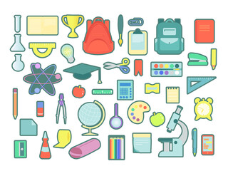 set of school supplies, education, backpack, color isolated illustration, vector
