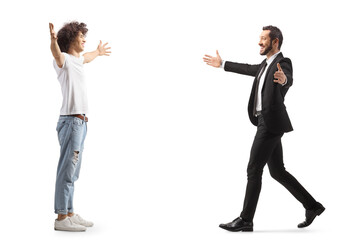 Full length profile shot of a casual guy with curly hairstyle waiting to hug a businessman