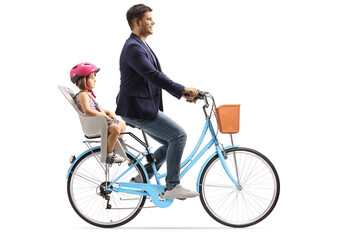 Father riding a bicycle with a girl in a child seat