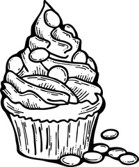 Sweet tasty dessert cupcake with cream and deco for morning breakfast in café or restaurant. Mini birthday cake for pleasure. Hand drawn retro vintage vector illustration. Old style line drawing.