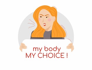Red-haired woman protests against the strike, holds a poster with an appeal. A protester at a demonstration. The concept of activism. Flat vector illustration isolated on white background