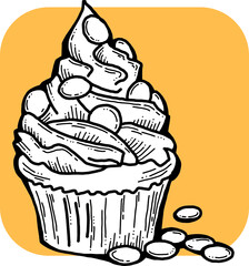 Sweet tasty dessert cupcake with cream and deco for morning breakfast in café or restaurant. Mini birthday cake for pleasure. Hand drawn retro vintage colourful vector illustration. Old style drawing.