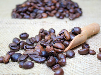 roasted coffee Pile, brown roasted coffee beans fresh and bright