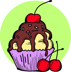 Sweet tasty dessert cupcake with cream and deco for morning breakfast in café or restaurant. Mini birthday cake for pleasure. Hand drawn retro vintage colourful vector illustration. Old style drawing.