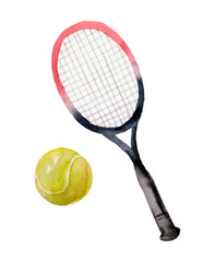 Watercolor tennis rackets and ball on white background