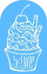 Sweet tasty dessert cupcake with cream and deco for morning breakfast in café or restaurant. Mini birthday cake for pleasure. Hand drawn retro vintage colourful vector illustration. Old style drawing.