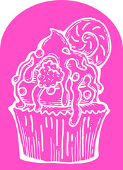 Sweet tasty dessert cupcake with cream and deco for morning breakfast in café or restaurant. Mini birthday cake for pleasure. Hand drawn retro vintage colourful vector illustration. Old style drawing.