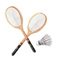 Watercolor badminton rackets and shuttlecock isolated on white background