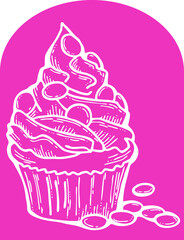 Sweet tasty dessert cupcake with cream and deco for morning breakfast in café or restaurant. Mini birthday cake for pleasure. Hand drawn retro vintage colourful vector illustration. Old style drawing.