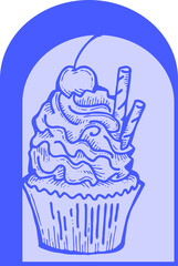 Sweet tasty dessert cupcake with cream and deco for morning breakfast in café or restaurant. Mini birthday cake for pleasure. Hand drawn retro vintage colourful vector illustration. Old style drawing.