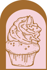 Sweet tasty dessert cupcake with cream and deco for morning breakfast in café or restaurant. Mini birthday cake for pleasure. Hand drawn retro vintage colourful vector illustration. Old style drawing.