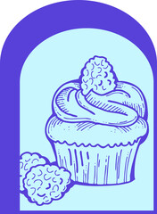 Sweet tasty dessert cupcake with cream and deco for morning breakfast in café or restaurant. Mini birthday cake for pleasure. Hand drawn retro vintage colourful vector illustration. Old style drawing.