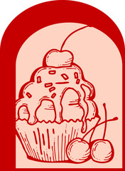 Sweet tasty dessert cupcake with cream and deco for morning breakfast in café or restaurant. Mini birthday cake for pleasure. Hand drawn retro vintage colourful vector illustration. Old style drawing.