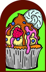 Sweet tasty dessert cupcake with cream and deco for morning breakfast in café or restaurant. Mini birthday cake for pleasure. Hand drawn retro vintage colourful vector illustration. Old style drawing.