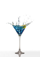 blue cocktail glass splash on white background