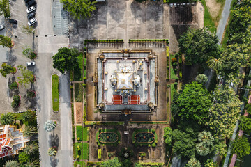 Above view from drone of pagoda of Wat Chalong temple, Phuket, Thailand.