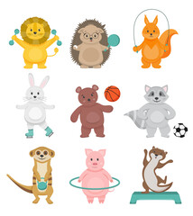 Animals sport cartoon collection set. Cute animals go in for sports. Motivation for children. Vector illustration for children's sports section, football, basketball, athletics.