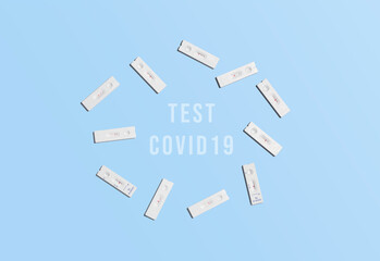 Rapid test group for sars covid 19, antigen test used with its different results on a light blue background