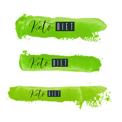 Keto diet. Lettering on hand paint green watercolor texture isolated on white background. Ink dry brush stains, stroke, splash, smudge, scribble. Low carb high fat healthy food nutrition quote poster - 515885150