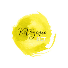 Ketogenic diet. Lettering on hand paint yellow watercolor texture isolated on white background. Ink dry brush stains, stroke, splash, smudge, scribble. Low carb healthy food nutrition quote poster. - 515885167