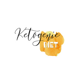 Ketogenic diet. Lettering on hand paint yellow watercolor texture isolated on white background. Ink dry brush stains, stroke, splash, smudge, scribble. Low carb healthy food nutrition quote poster. - 515885175