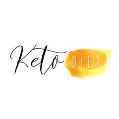 Keto diet. Lettering on hand paint yellow watercolor texture isolated on white background. Ink dry brush stains, stroke, splash, smudge, scribble. Low carb high fat healthy food nutrition quote poster - 515885185