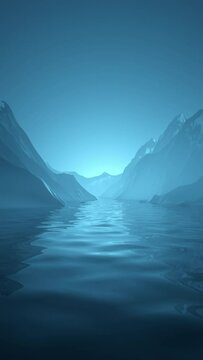 Vertical Blue Hazy 3D Rendered Terrain Landscape with Looping Calm Water