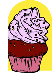 Sweet tasty dessert cupcake with cream and deco for morning breakfast in café or restaurant. Mini birthday cake for pleasure. Hand drawn retro vintage colourful vector illustration. Old style drawing.