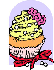 Sweet tasty dessert cupcake with cream and deco for morning breakfast in café or restaurant. Mini birthday cake for pleasure. Hand drawn retro vintage colourful vector illustration. Old style drawing.