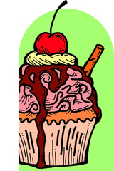 Sweet tasty dessert cupcake with cream and deco for morning breakfast in café or restaurant. Mini birthday cake for pleasure. Hand drawn retro vintage colourful vector illustration. Old style drawing.