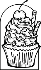 Sweet tasty dessert cupcake with cream and deco for morning breakfast in café or restaurant. Mini birthday cake for pleasure. Hand drawn retro vintage vector illustration. Old style line drawing.
