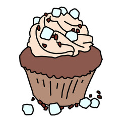 Sweet tasty dessert cupcake with cream and deco for morning breakfast in café or restaurant. Mini birthday cake for pleasure. Hand drawn colorful retro vintage illustration. Old style drawing.