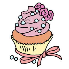 Sweet tasty dessert cupcake with cream and deco for morning breakfast in café or restaurant. Mini birthday cake for pleasure. Hand drawn colorful retro vintage illustration. Old style drawing.