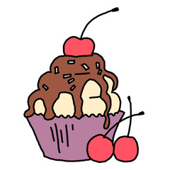 Sweet tasty dessert cupcake with cream and deco for morning breakfast in café or restaurant. Mini birthday cake for pleasure. Hand drawn colorful retro vintage illustration. Old style drawing.