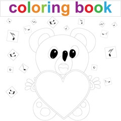 Coloring page template with cartoon teddy bear, heart and musical notes for kids.