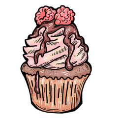 Sweet tasty dessert cupcake with cream and deco for morning breakfast in café or restaurant. Mini birthday cake for pleasure. Hand drawn colorful retro vintage illustration. Old style drawing.