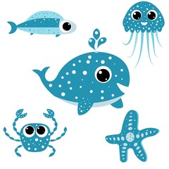 Sea set - cute whale, jellyfish, starfish, crab and fish.