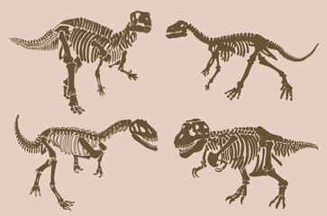 Obraz na płótnie Canvas Graphical vintage set of dinosaur skeletons , sepia background,vector sketch, fossils