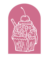 Sweet tasty dessert cupcake with cream and deco for morning breakfast in café or restaurant. Mini birthday cake for pleasure. Hand drawn colorful retro vintage illustration. Old style drawing.