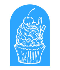Sweet tasty dessert cupcake with cream and deco for morning breakfast in café or restaurant. Mini birthday cake for pleasure. Hand drawn colorful retro vintage illustration. Old style drawing.