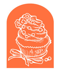 Sweet tasty dessert cupcake with cream and deco for morning breakfast in café or restaurant. Mini birthday cake for pleasure. Hand drawn colorful retro vintage illustration. Old style drawing.