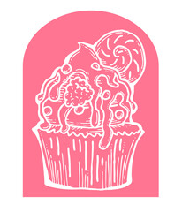 Sweet tasty dessert cupcake with cream and deco for morning breakfast in café or restaurant. Mini birthday cake for pleasure. Hand drawn colorful retro vintage illustration. Old style drawing.