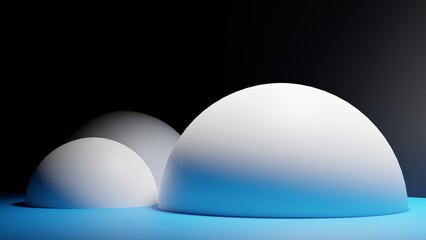 3D rendering. 3D illustration.Place close to detail of three spherical geometric bodies in a dark empty room.