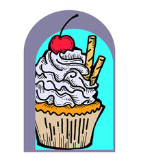 Sweet tasty dessert cupcake with cream and deco for morning breakfast in café or restaurant. Mini birthday cake for pleasure. Hand drawn colorful retro vintage illustration. Old style drawing.